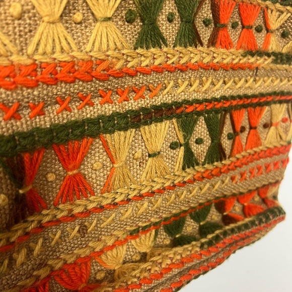 70’s VINTAGE Handcrafted Natural Burlap Multicolor Yarn Handbag Purse Tote Bag - Picture 6 of 10